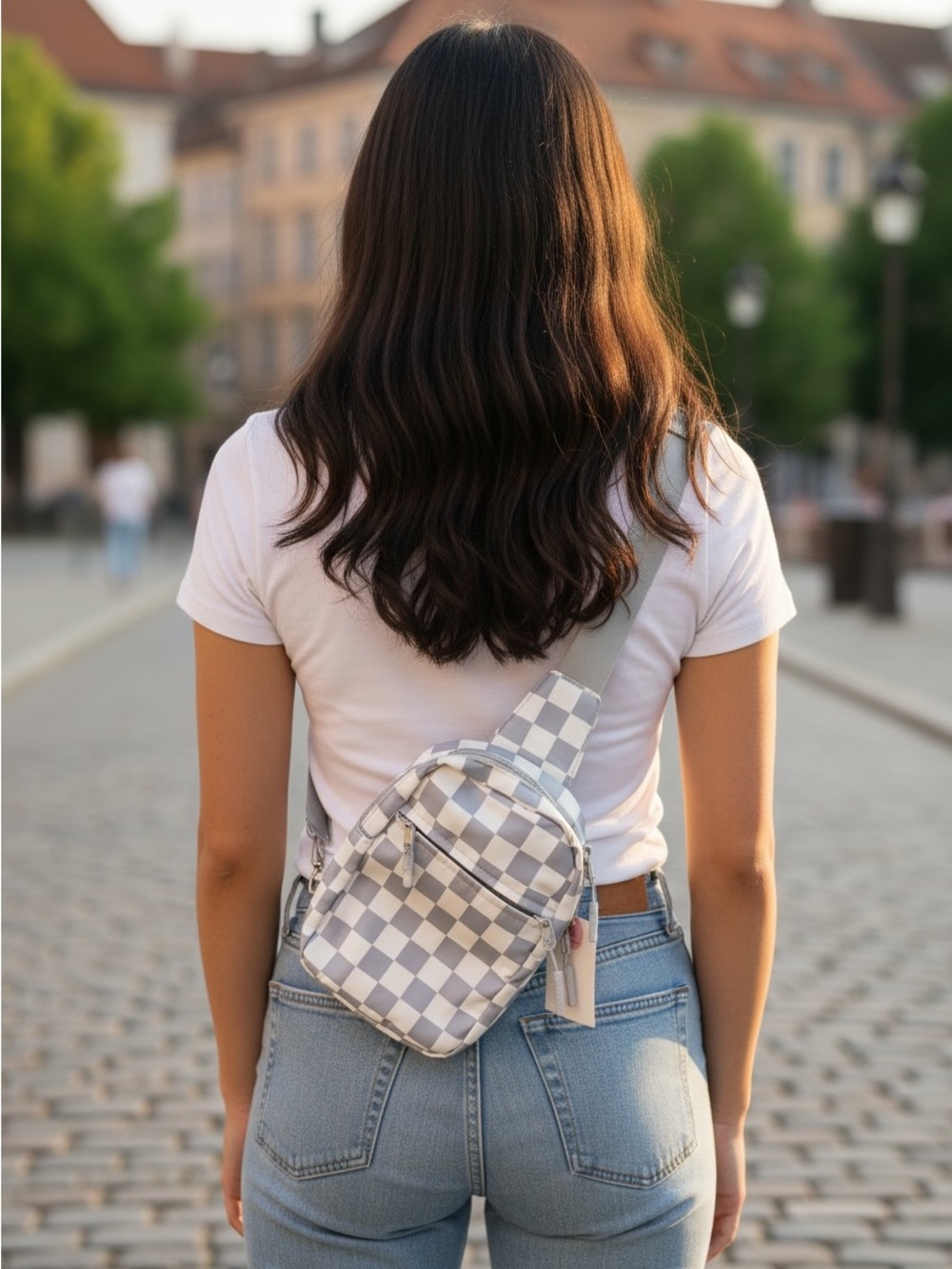 NEW• Atelier Jai Checker Print Crossbody Bag in Light Gray and White